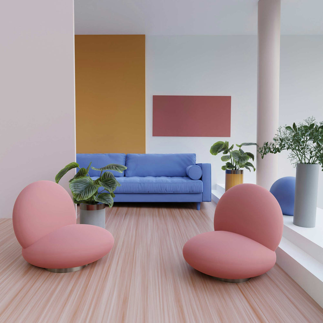 Modern living room with colorful furniture and vibrant pet-friendly houseplants, including a Calathea and other leafy greens, enhancing the contemporary design.