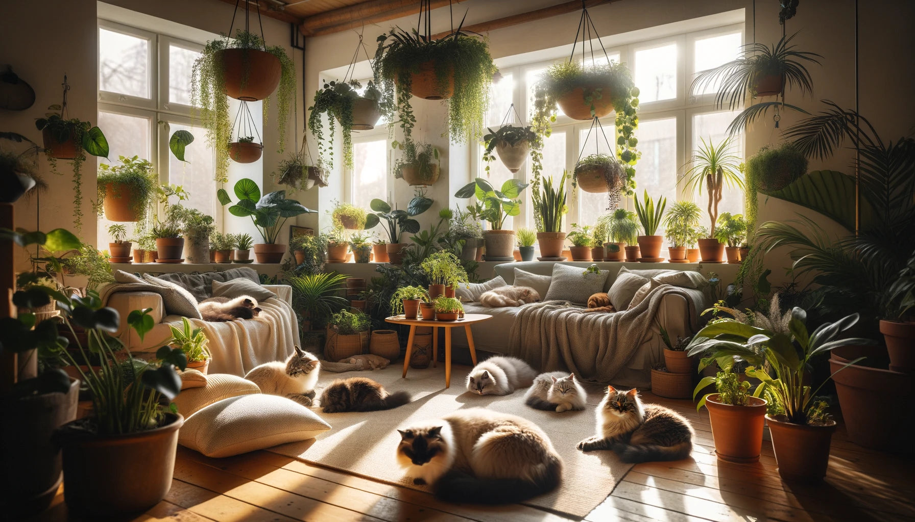 Sunlit room filled with lush green plants and multiple cats lounging, playing, and exploring amidst the foliage.