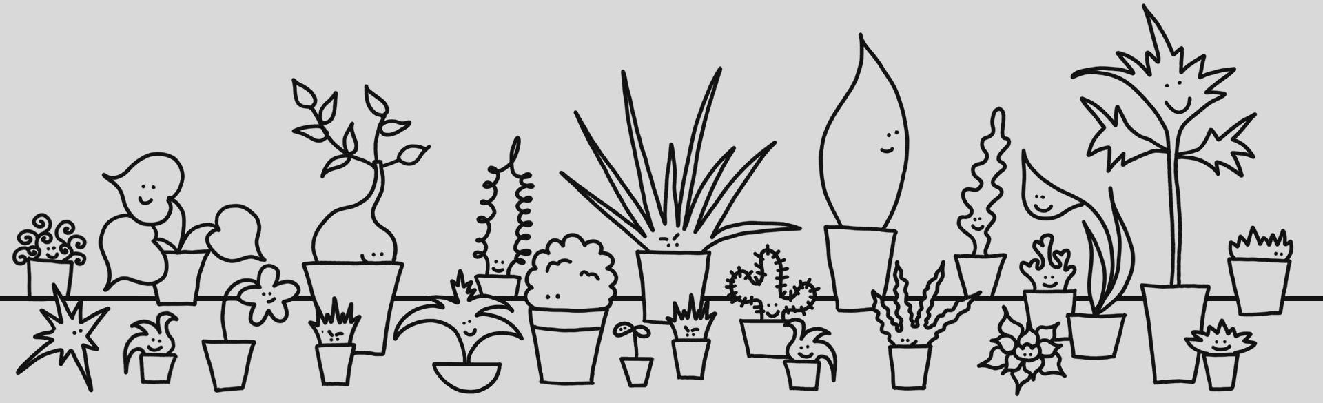 Whimsical line drawing of assorted happy houseplants in pots, showcasing a playful variety of shapes and expressions, welcome to Happy Little House Plants!