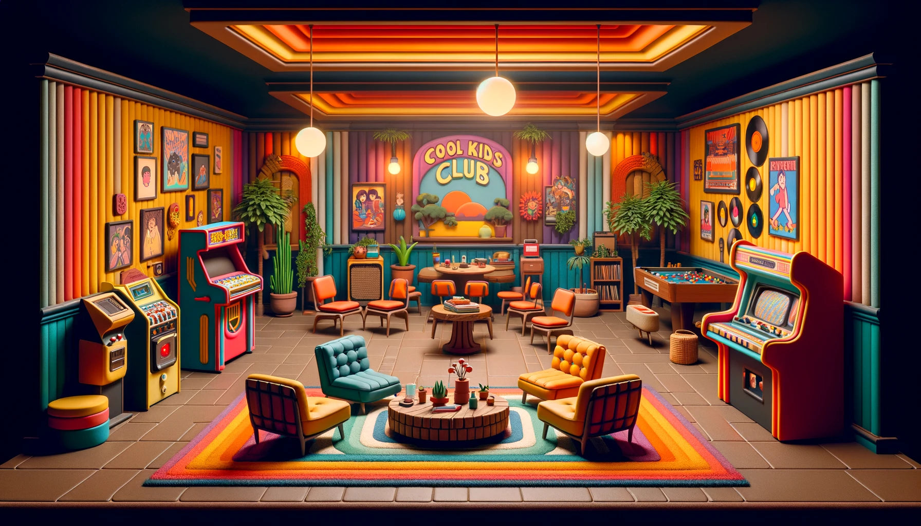 Retro arcade room with a 'Cool Kids Club' neon sign, vintage arcade games, and vibrant mid-century modern furniture, accented with houseplants that add a touch of greenery to the playful space.