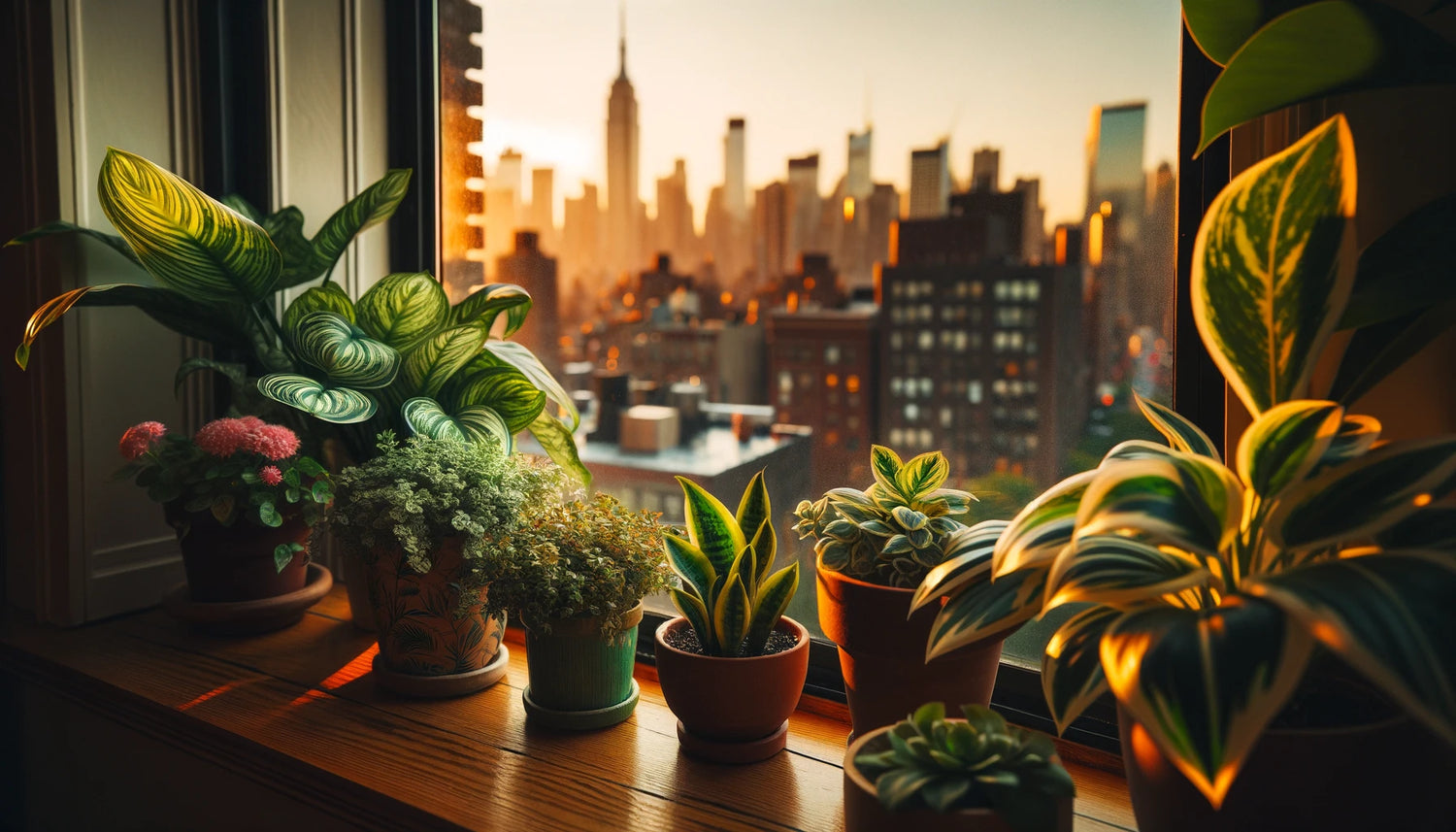 Assortment of vibrant houseplants on a windowsill with New York City skyline bathed in golden sunset light in the background.