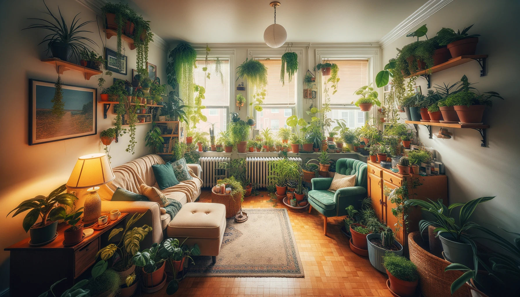 Sunlit living room filled with green plants on shelves and furniture, complemented by earthy tones and a scenic wall painting.